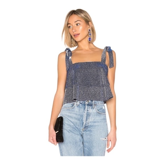 NEW Superdown Helene Top Sparkling Shoulder Ties In Metallic Blue M - Picture 1 of 9